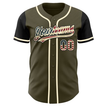Personalized Olive Vintage USA Flag Black-Cream Authentic Salute To Service Two Tone Baseball Jersey Team Custom Name and Number