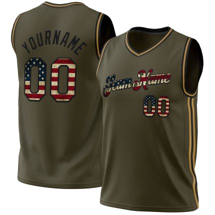 Personalized Olive Vintage USA Flag Black-Old Gold Authentic Throwback Salute To Service Basketball Jersey Team Custom Name and Number