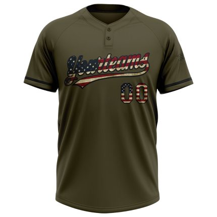Personalized Olive Vintage USA Flag-Black Salute To Service Two-Button Unisex Softball Jersey Team Custom Name and Number