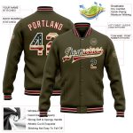 Personalized Olive Vintage USA Flag City Cream-Black Bomber Full-Snap Varsity Letterman Salute To Service Jacket Team Custom Name and Number