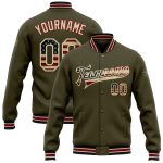 Personalized Olive Vintage USA Flag City Cream-Black Bomber Full-Snap Varsity Letterman Salute To Service Jacket Team Custom Name and Number