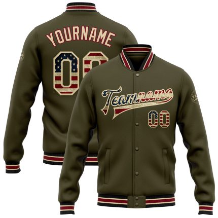 Personalized Olive Vintage USA Flag City Cream-Black Bomber Full-Snap Varsity Letterman Salute To Service Jacket Team Custom Name and Number