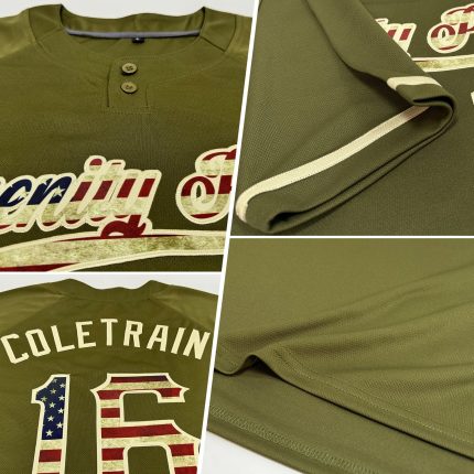 Personalized Olive Vintage USA Flag-City Cream Salute To Service Two-Button Unisex Softball Jersey Team Custom Name and Number