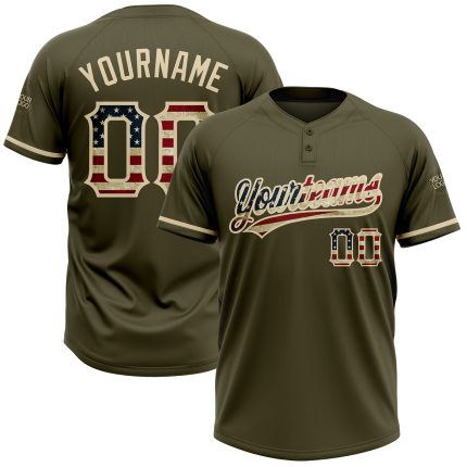 Personalized Olive Vintage USA Flag-City Cream Salute To Service Two-Button Unisex Softball Jersey Team Custom Name and Number