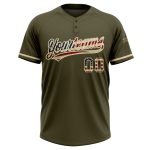 Personalized Olive Vintage USA Flag-City Cream Salute To Service Two-Button Unisex Softball Jersey Team Custom Name and Number