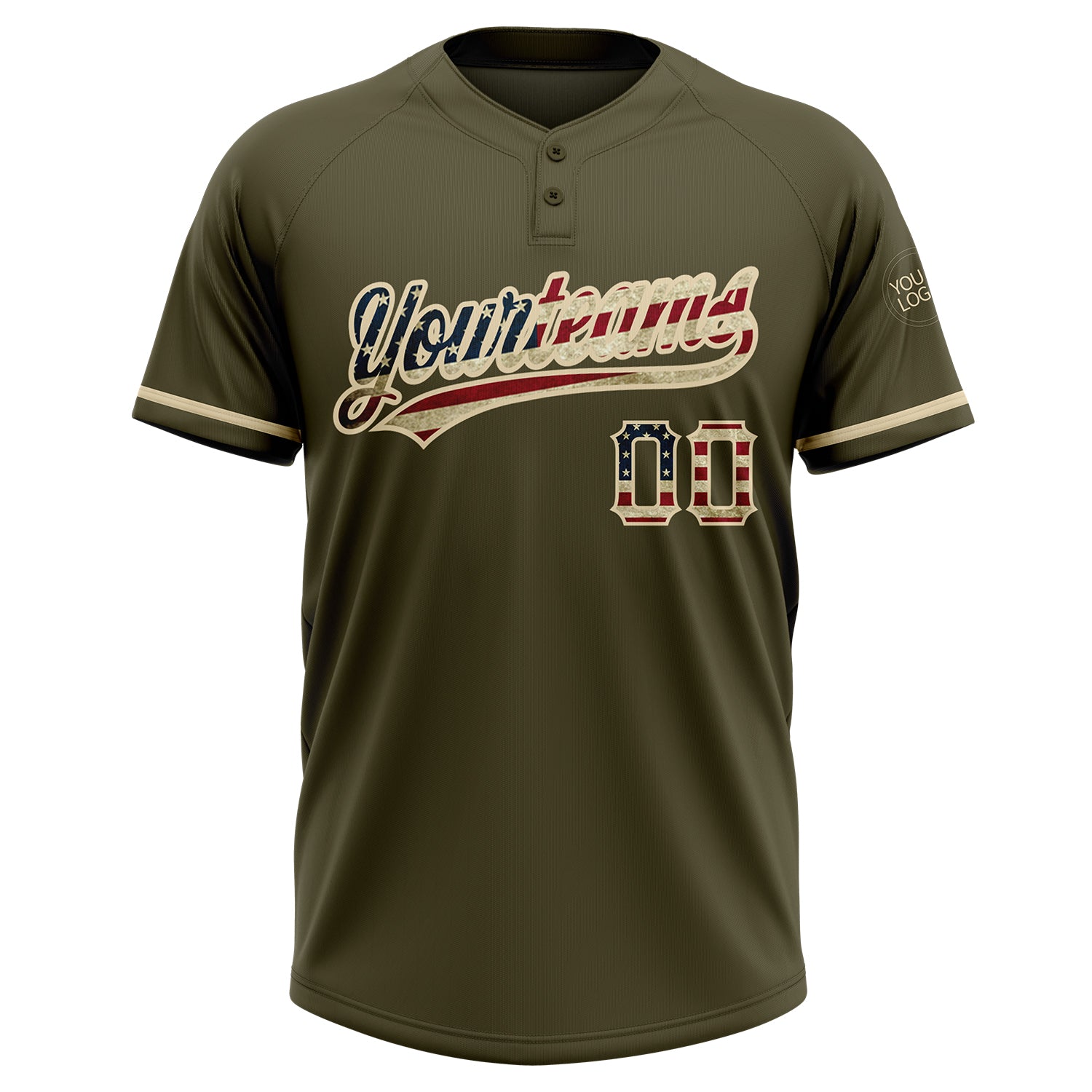 Personalized Olive Vintage USA Flag-City Cream Salute To Service Two-Button Unisex Softball Jersey Team Custom Name and Number Personalized Olive Vintage USA Flag-City Cream Salute To Service Two-Button Unisex Softball Jersey Team Custom Name and Number - Image 3