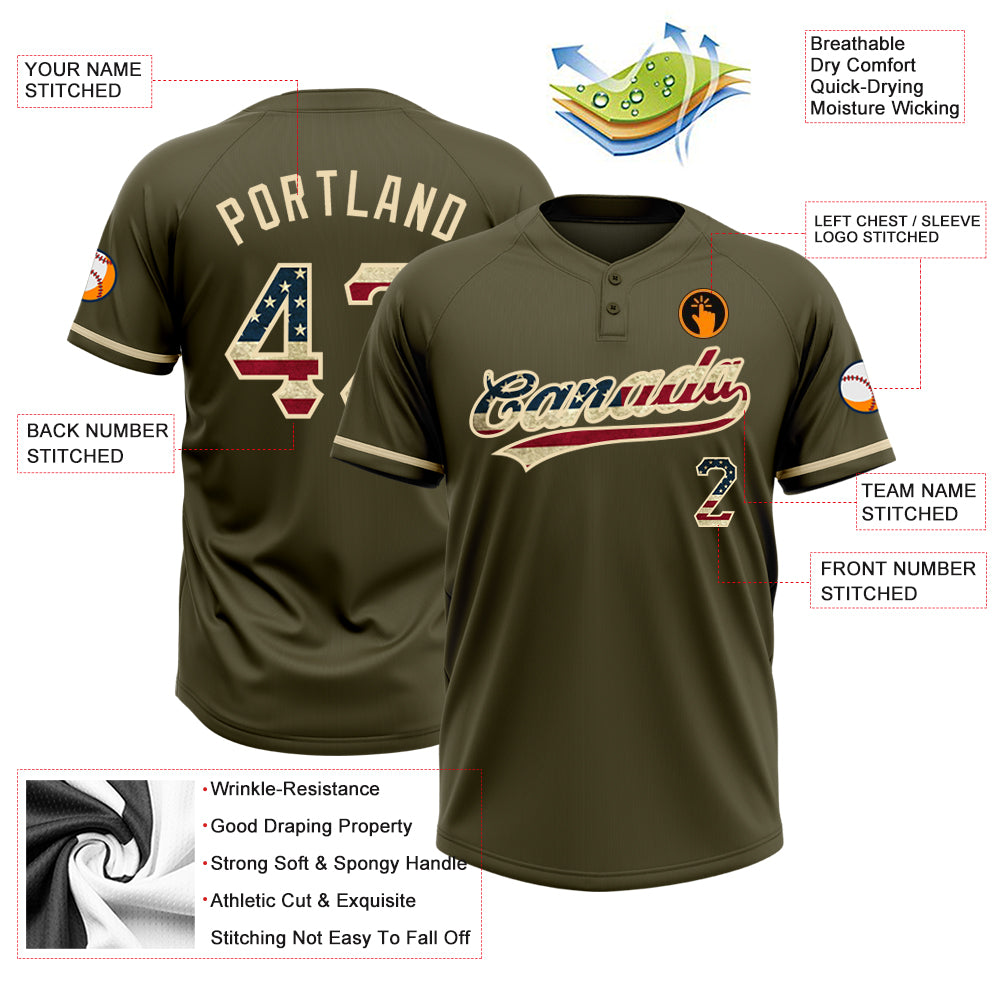 Personalized Olive Vintage USA Flag-City Cream Salute To Service Two-Button Unisex Softball Jersey Team Custom Name and Number Personalized Olive Vintage USA Flag-City Cream Salute To Service Two-Button Unisex Softball Jersey Team Custom Name and Number - Image 4