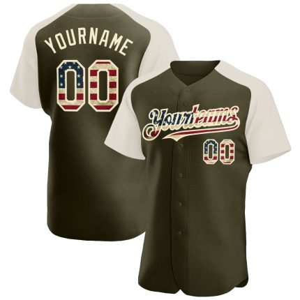Personalized Olive Vintage USA Flag-Cream Authentic Raglan Sleeves Salute To Service Baseball Jersey Team Custom Name and Number