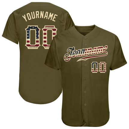 Personalized Olive Vintage USA Flag-Cream Authentic Salute To Service Baseball Jersey Team Custom Name and Number