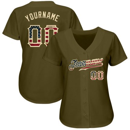 Personalized Olive Vintage USA Flag-Cream Authentic Salute To Service Baseball Jersey Team Custom Name and Number