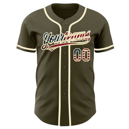 Personalized Olive Vintage USA Flag-Cream Authentic Salute To Service Baseball Jersey