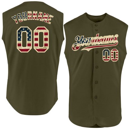Personalized Olive Vintage USA Flag-Cream Authentic Sleeveless Salute To Service Baseball Jersey