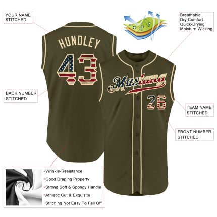 Personalized Olive Vintage USA Flag-Cream Authentic Sleeveless Salute To Service Baseball Jersey Team Custom Name and Number