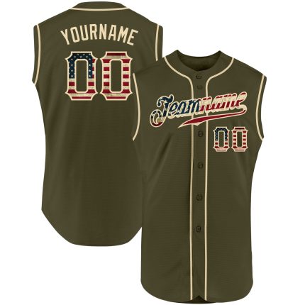 Personalized Olive Vintage USA Flag-Cream Authentic Sleeveless Salute To Service Baseball Jersey Team Custom Name and Number