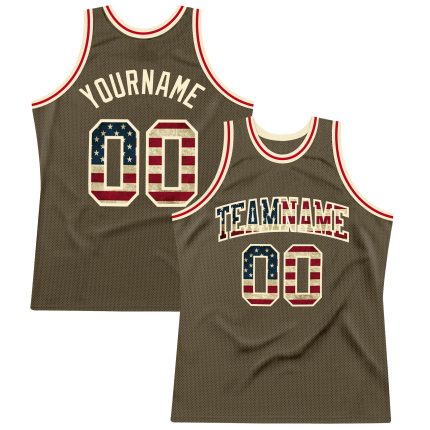 Personalized Olive Vintage USA Flag-Cream Authentic Throwback Salute To Service Basketball Jersey
