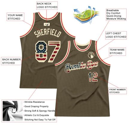 Personalized Olive Vintage USA Flag-Cream Authentic Throwback Salute To Service Basketball Jersey Team Custom Name and Number