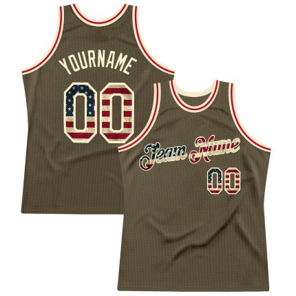Personalized Olive Vintage USA Flag-Cream Authentic Throwback Salute To Service Basketball Jersey Team Custom Name and Number