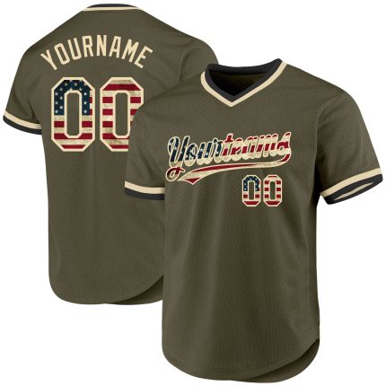 Personalized Olive Vintage USA Flag Cream-Black Authentic Throwback Salute To Service Baseball Jersey Team Custom Name and Number