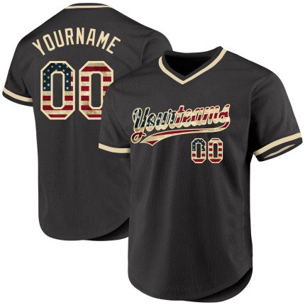 Personalized Olive Vintage USA Flag Cream-Black Authentic Throwback Salute To Service Baseball Jersey