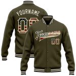 Personalized Olive Vintage USA Flag Cream-Black Bomber Full-Snap Varsity Letterman Salute To Service Jacket Team Custom Name and Number