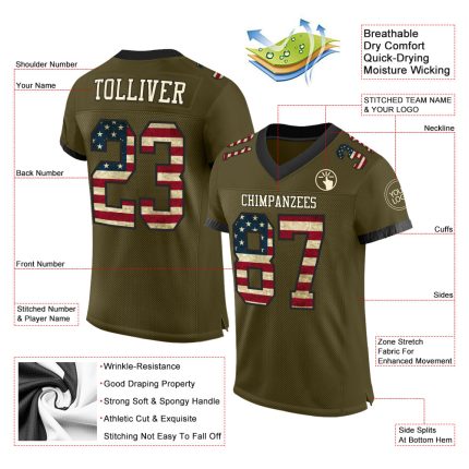 Personalized Olive Vintage USA Flag Cream-Black Mesh Authentic Salute To Service Football Jersey Team Custom Name and Number