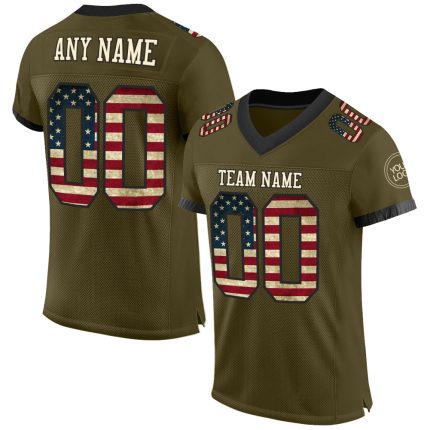 Personalized Olive Vintage USA Flag Cream-Black Mesh Authentic Salute To Service Football Jersey Team Custom Name and Number