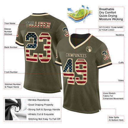 Personalized Olive Vintage USA Flag Cream-Black Mesh Authentic Throwback Salute To Service Football Jersey Team Custom Name and Number