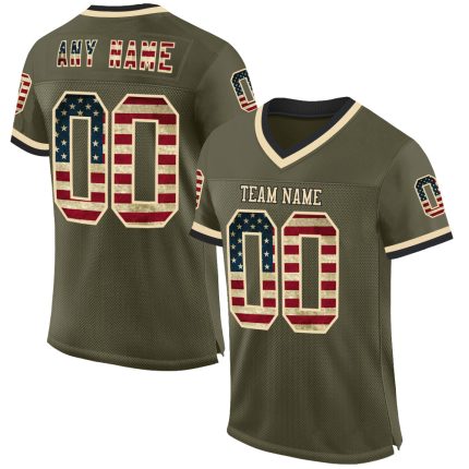 Personalized Olive Vintage USA Flag Cream-Black Mesh Authentic Throwback Salute To Service Football Jersey Team Custom Name and Number