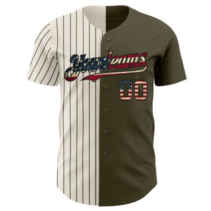 Personalized Olive Vintage USA Flag Cream-Black Pinstripe Authentic Split Fashion Salute To Service Baseball Jersey Team Custom Name and Number