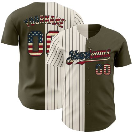 Personalized Olive Vintage USA Flag Cream-Black Pinstripe Authentic Split Fashion Salute To Service Baseball Jersey Team Custom Name and Number