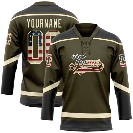 Personalized Olive Vintage USA Flag Cream-Black Salute To Service Hockey Lace Neck Jersey Team Custom Name and Number