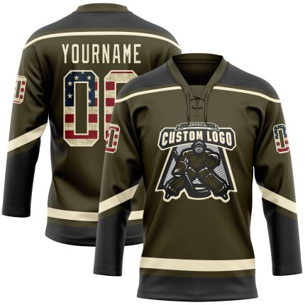 Personalized Olive Vintage USA Flag Cream-Black Salute To Service Hockey Lace Neck Jersey Team Custom Name and Number