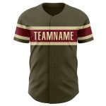 Personalized Olive Vintage USA Flag Cream-Crimson Authentic Salute To Service Baseball Jersey