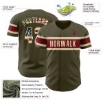 Personalized Olive Vintage USA Flag Cream-Crimson Authentic Salute To Service Baseball Jersey