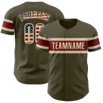 Personalized Olive Vintage USA Flag Cream-Crimson Authentic Salute To Service Baseball Jersey