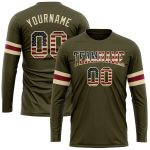 Personalized Olive Vintage USA Flag-Cream Long Sleeve Performance Salute To Service T-Shirt Team Custom Name and Number