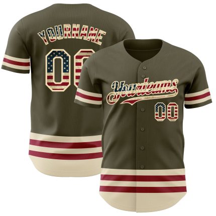 Personalized Olive Vintage USA Flag Cream-Maroon Line Authentic Salute To Service Baseball Jersey Team Custom Name and Number