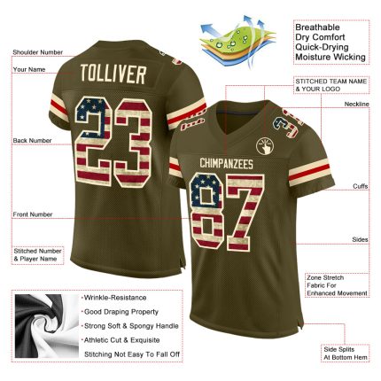 Personalized Olive Vintage USA Flag-Cream Mesh Authentic Salute To Service Football Jersey Team Custom Name and Number