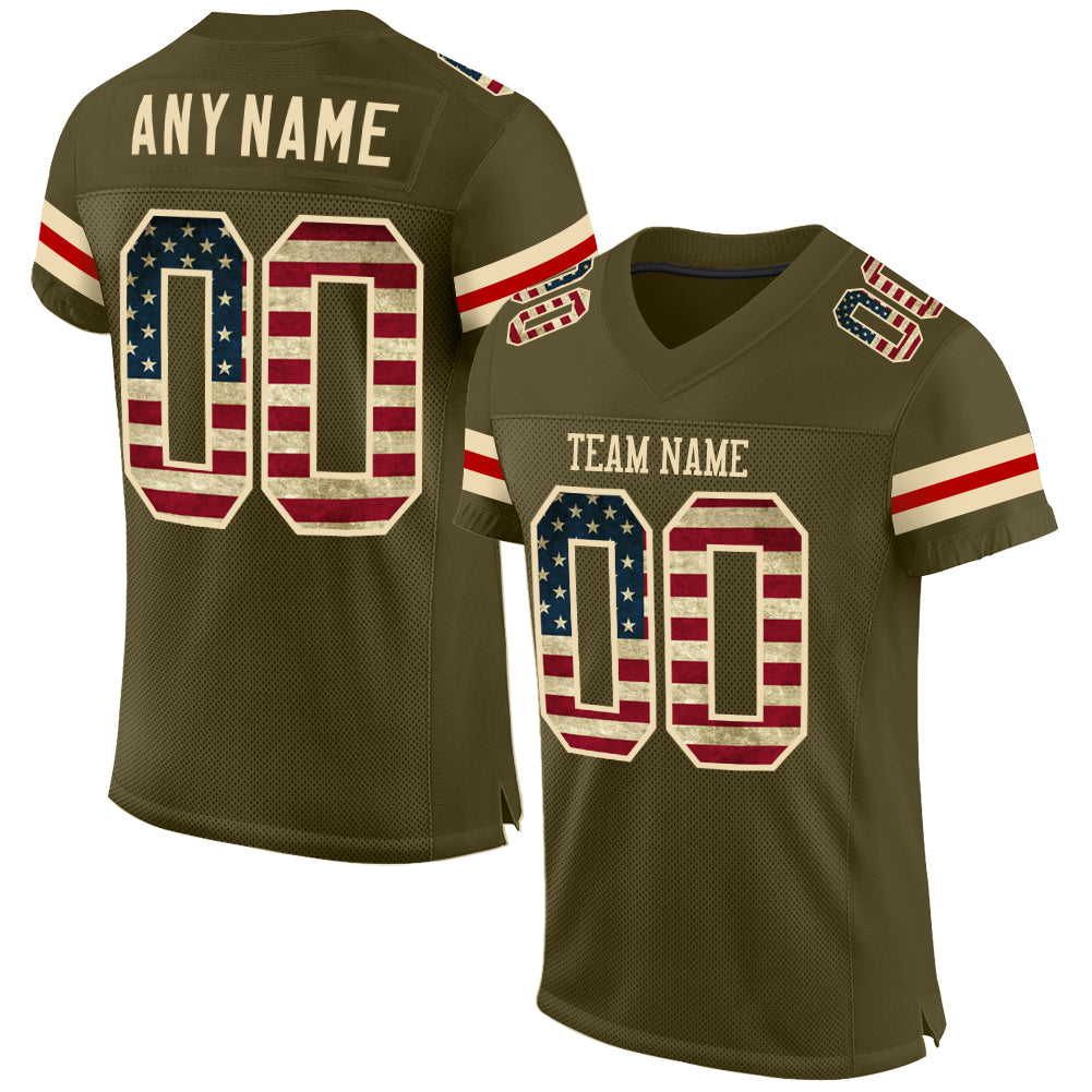 Personalized Olive Vintage USA Flag-Cream Mesh Authentic Salute To Service Football Jersey Team Custom Name and Number