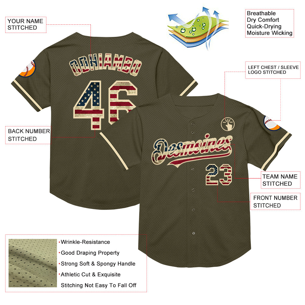 Personalized Olive Vintage USA Flag-Cream Mesh Authentic Throwback Salute To Service Baseball Jersey Team Custom Name and Number Personalized Olive Vintage USA Flag-Cream Mesh Authentic Throwback Salute To Service Baseball Jersey Team Custom Name and Number - Image 3