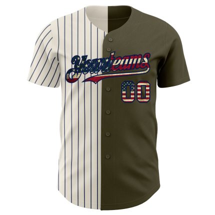 Personalized Olive Vintage USA Flag Cream-Navy Pinstripe Authentic Split Fashion Salute To Service Baseball Jersey Team Custom Name and Number