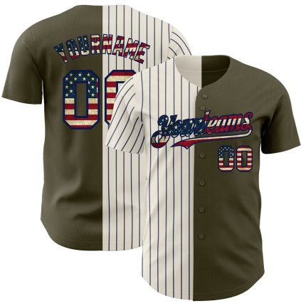 Personalized Olive Vintage USA Flag Cream-Navy Pinstripe Authentic Split Fashion Salute To Service Baseball Jersey Team Custom Name and Number