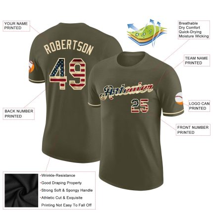 Personalized Olive Vintage USA Flag-Cream Performance Salute To Service T-Shirt Team Custom Name and Number