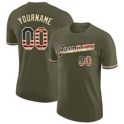 Personalized Olive Vintage USA Flag-Cream Performance Salute To Service T-Shirt Team Custom Name and Number