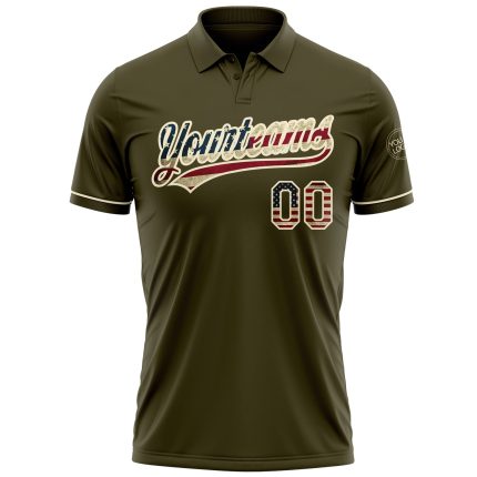 Personalized Olive Vintage USA Flag-Cream Performance Vapor Salute To Service Golf Polo Shirt Team Custom Name and Number