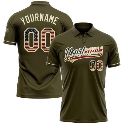 Personalized Olive Vintage USA Flag-Cream Performance Vapor Salute To Service Golf Polo Shirt Team Custom Name and Number