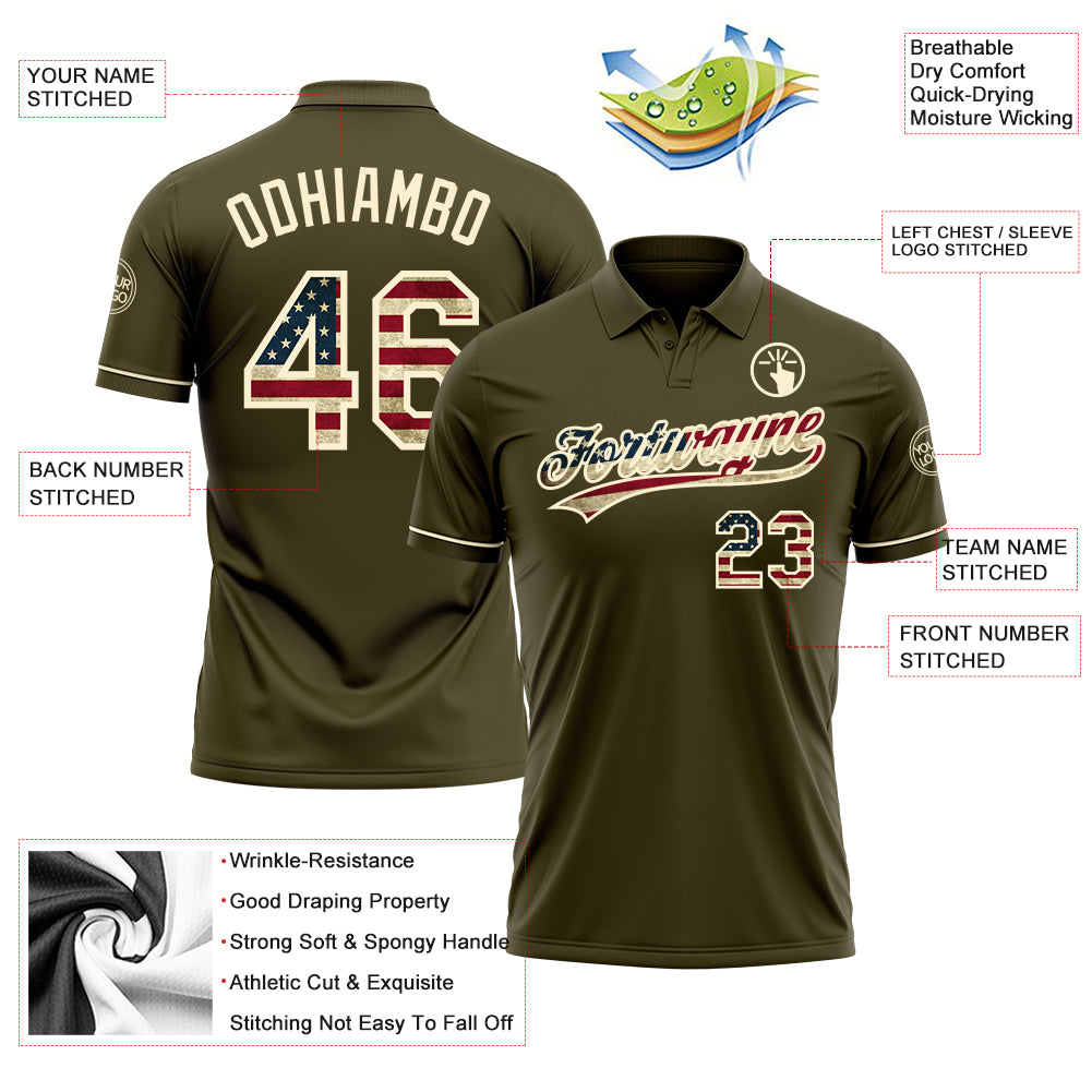 Personalized Olive Vintage USA Flag-Cream Performance Vapor Salute To Service Golf Polo Shirt Team Custom Name and Number Personalized Olive Vintage USA Flag-Cream Performance Vapor Salute To Service Golf Polo Shirt Team Custom Name and Number - Image 3