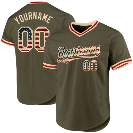Personalized Olive Vintage USA Flag Cream-Red Authentic Throwback Salute To Service Baseball Jersey Team Custom Name and Number