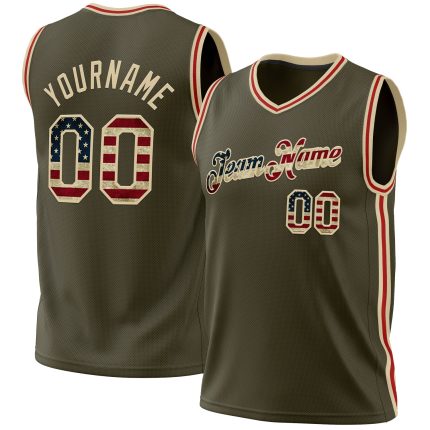 Personalized Olive Vintage USA Flag Cream-Red Authentic Throwback Salute To Service Basketball Jersey Team Custom Name and Number