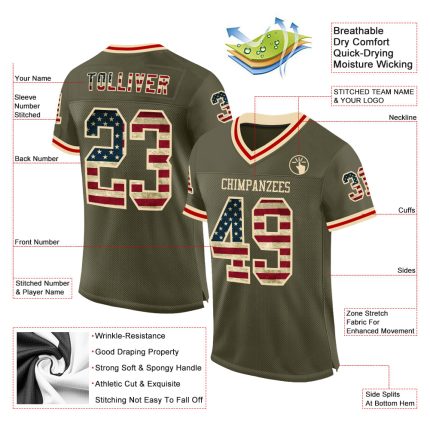 Personalized Olive Vintage USA Flag Cream-Red Mesh Authentic Throwback Salute To Service Football Jersey Team Custom Name and Number